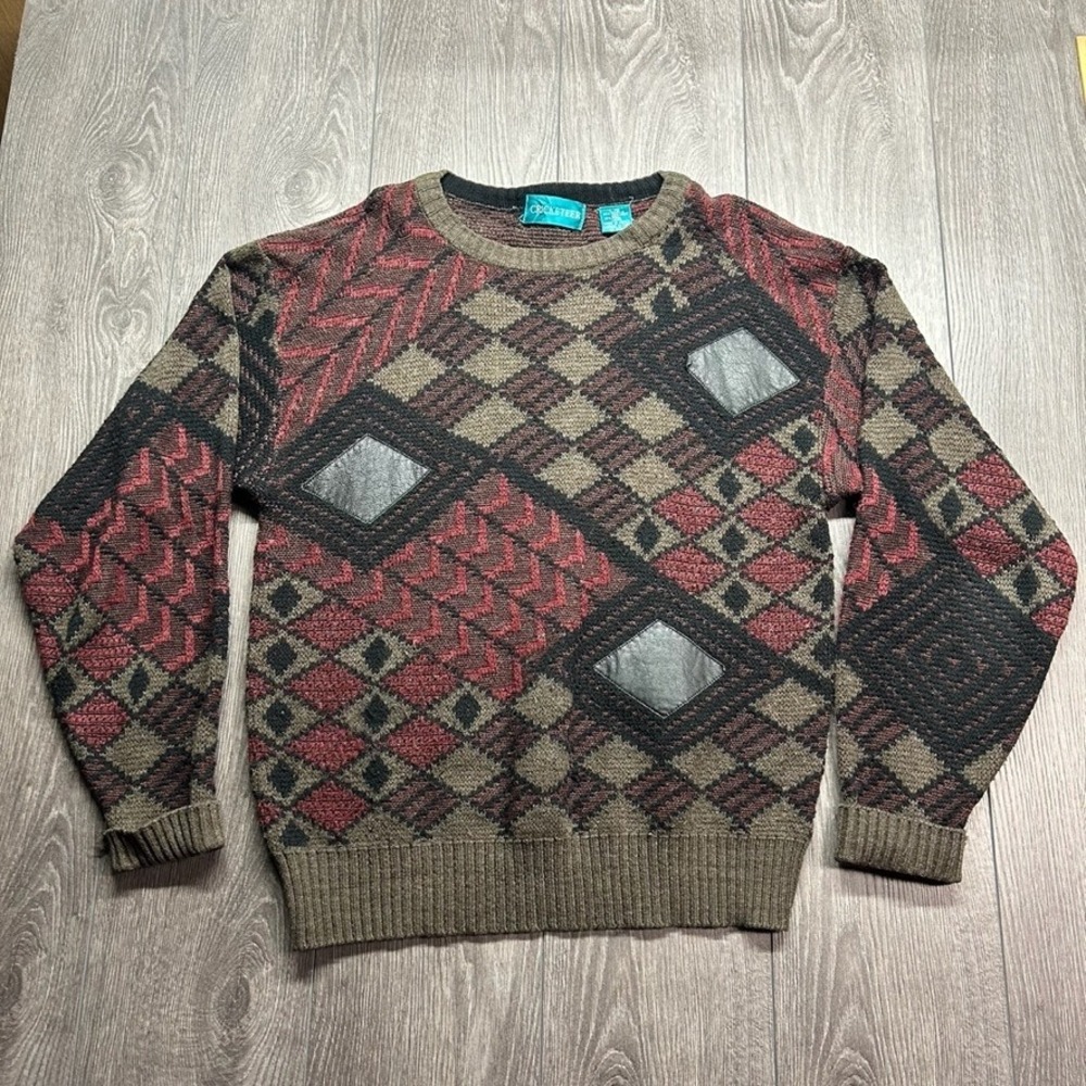Vintage Cricketeer Mens Large Geometric Abstract Wool Sweater Leather Patch